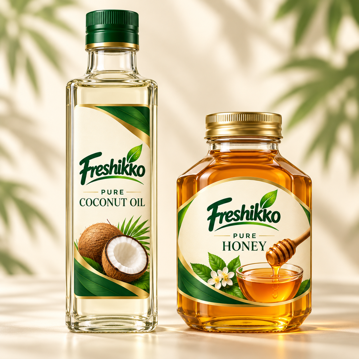 AI-generated concept image of Freshikko Pure Coconut Oil and Pure Honey bottles